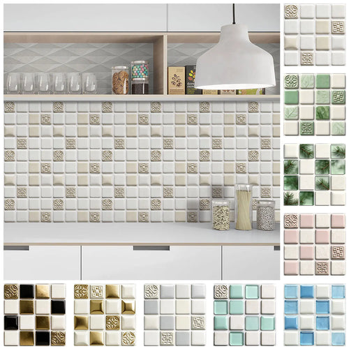White glossy mosaic tile sticker sheet with raised square pattern and small gold accents