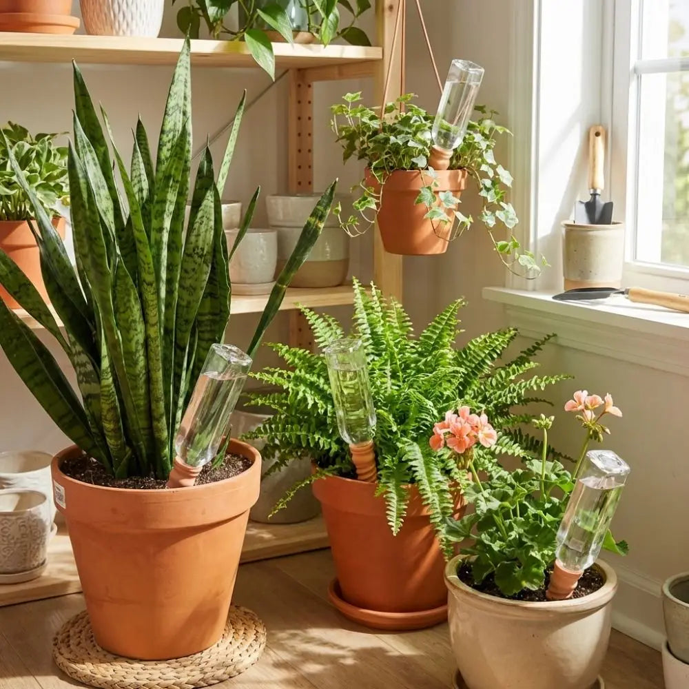 Terracotta self-watering stakes with clear tubes in potted plants on a windowsill
