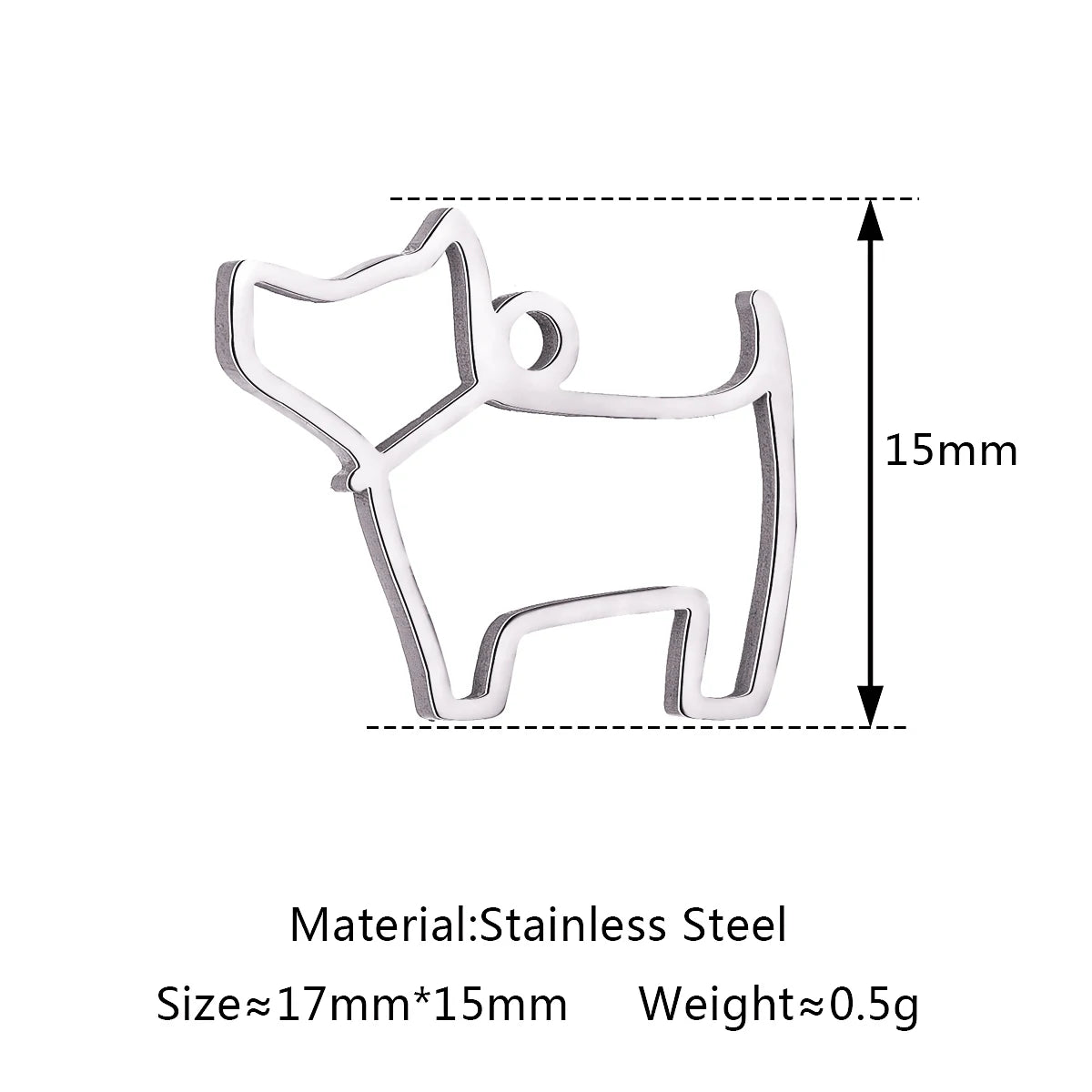 Silver stainless steel dog charm pendant for DIY jewelry making, 17x15mm minimalist puppy silhouette for necklaces.