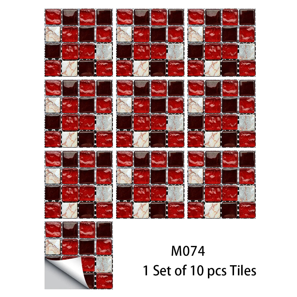 Red and white mosaic tile sticker set with glossy square tiles, waterproof peel-and-stick (10 pcs)
