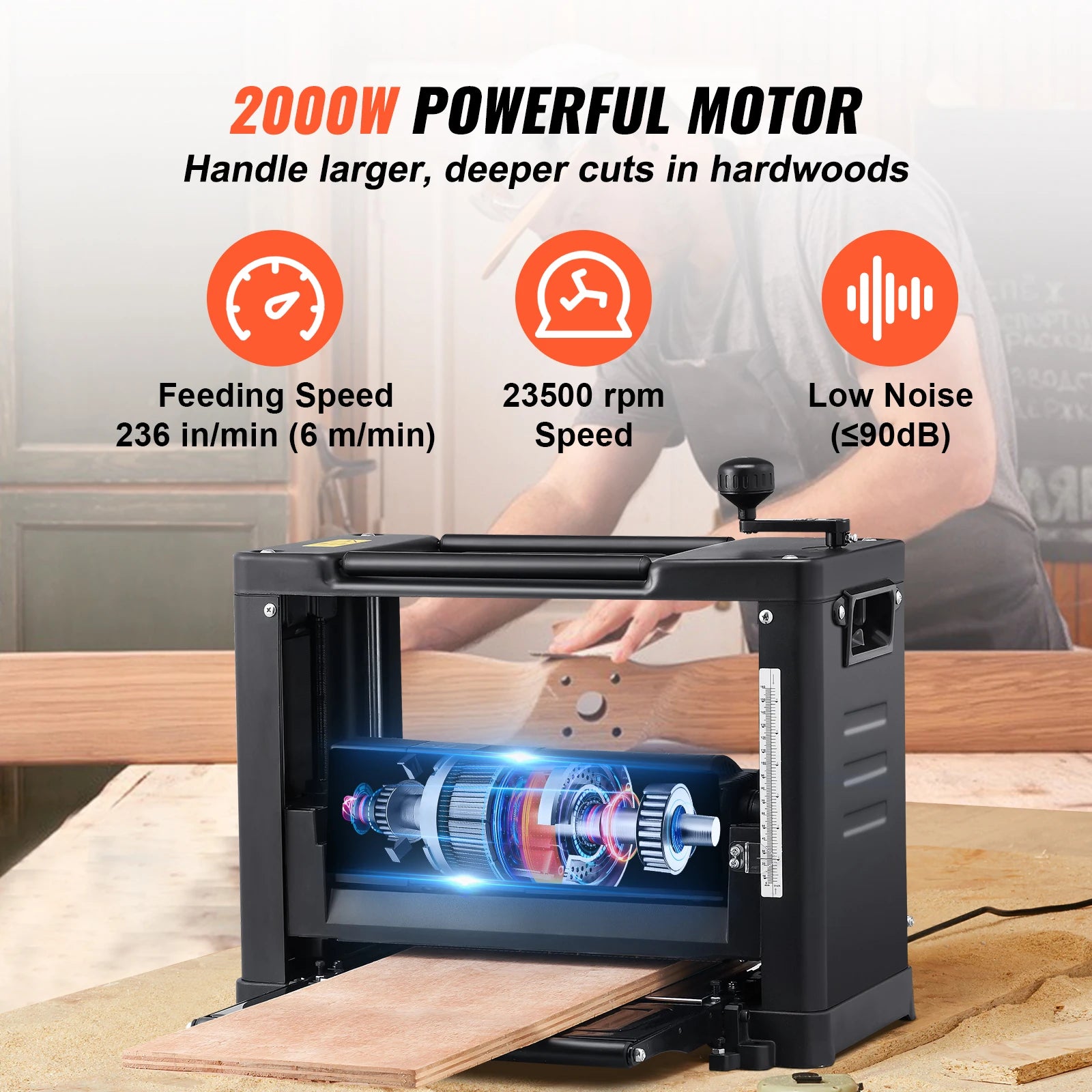 SucceBuy Thickness Planer 13inch Benchtop Planer & Two-Blade 15-Amp 1800W Powerful Motor Low Noise for DIY Woodworking Planing