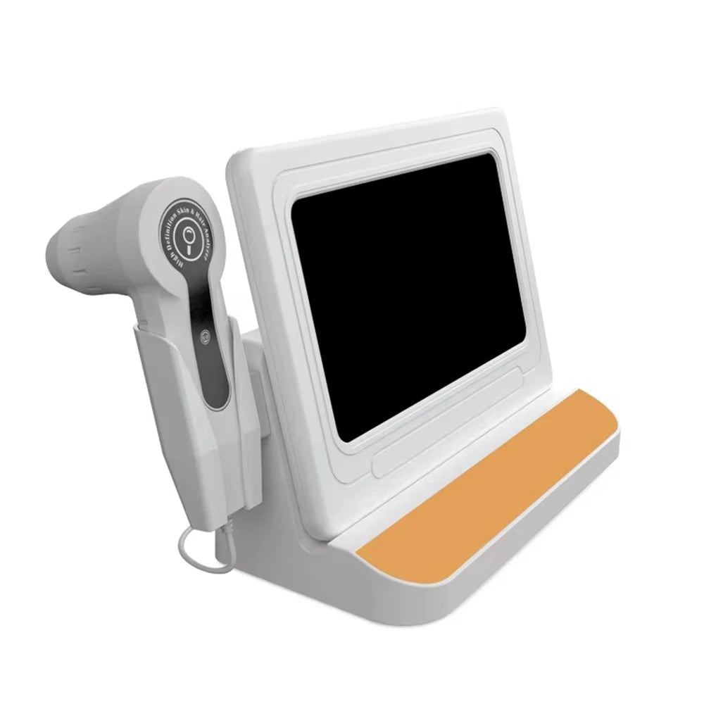 Professional 10-inch HD scalp microscope and hair analyzer device with detector probe on a white display stand.