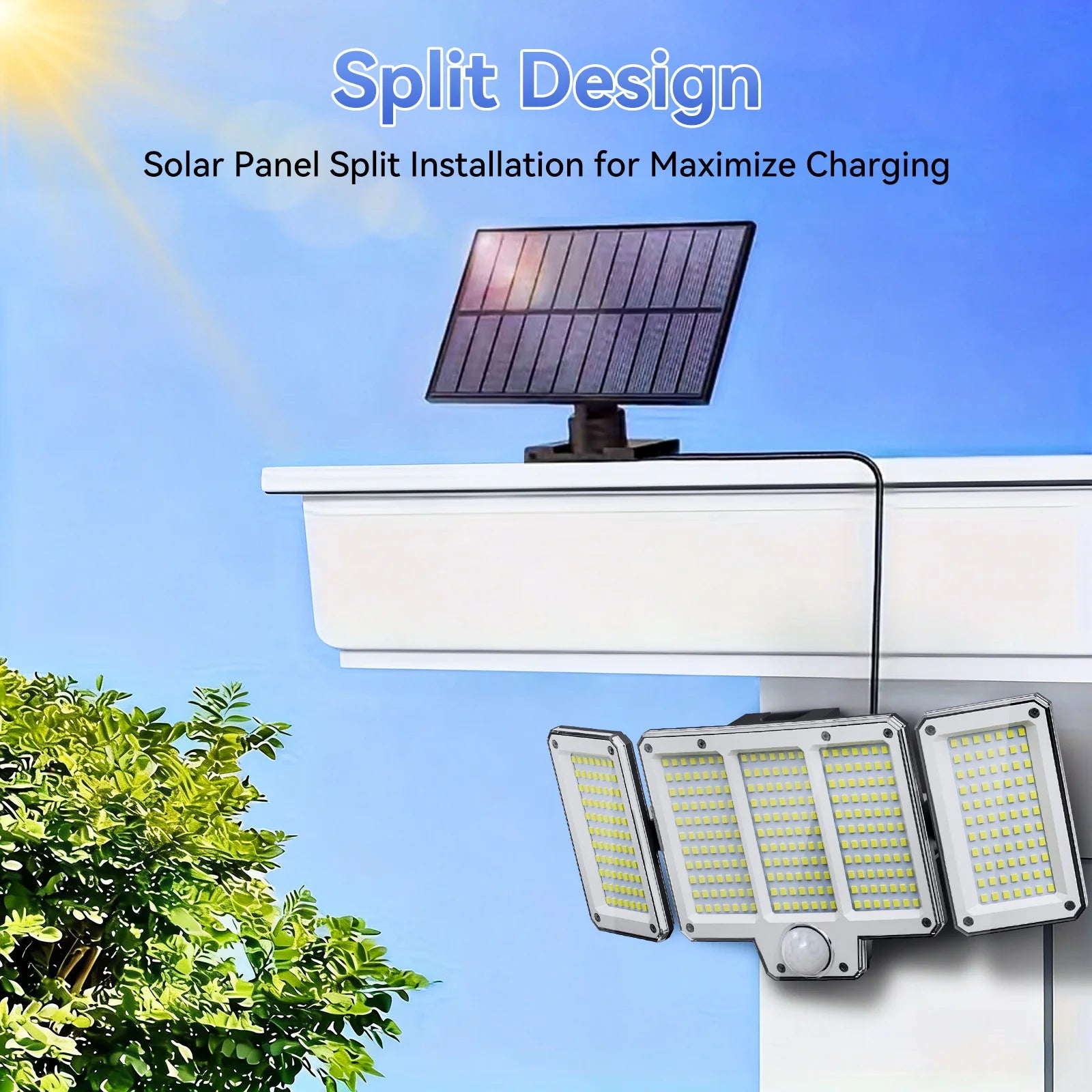 309LED Split Panels Solar Motion Sensor Lamp, 3 Side Outdoor Solar Security Wall Lamp with 3 Lighting Modes, IP65 Waterproof 270° Wide Angle Street Lamp, for Garden Yard Driveway