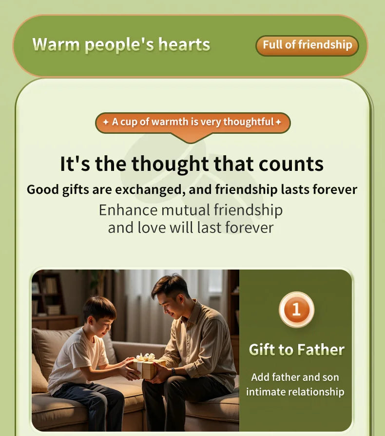 Son giving a gift to his father in a cozy living room, symbolizing a thoughtful coffee or tea maker gift idea.