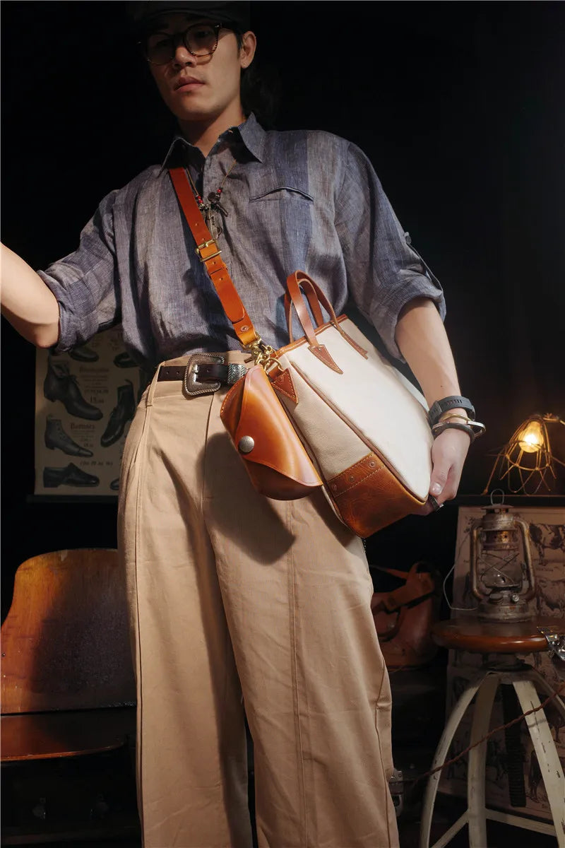 Simple designer handmade thick canvas cow leather men women's handbags outdoor daily work travel large-capacity messenger bag