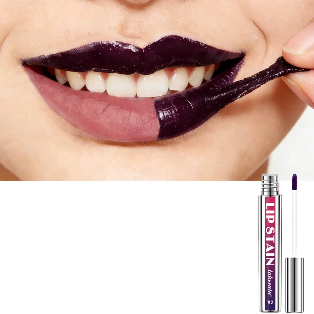 Peeling off dark purple waterproof long-lasting lip stain tint for a natural pink matte finish.