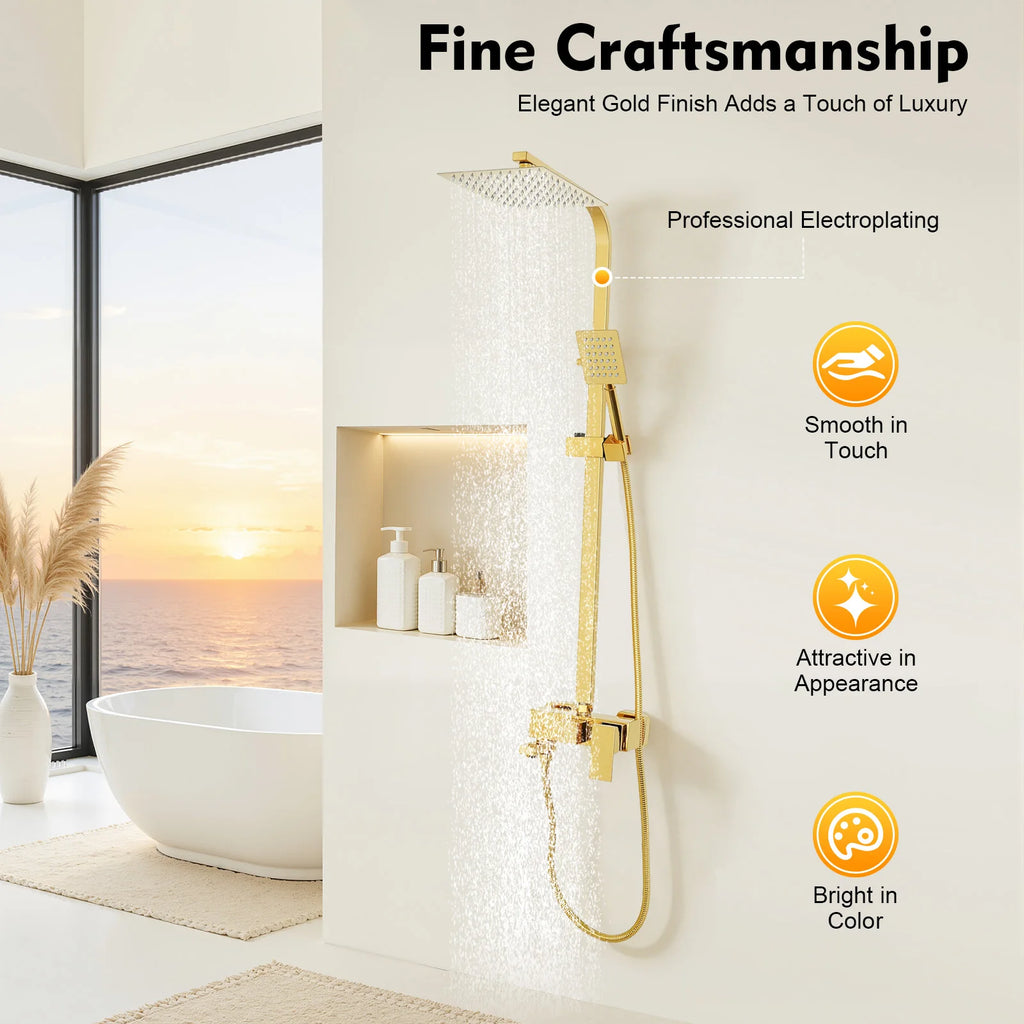 Adjustable Gold Brass Shower Column Set, Rain Shower & Handheld Shower with Stainless Steel Hose, Bathroom Shower Faucet Set