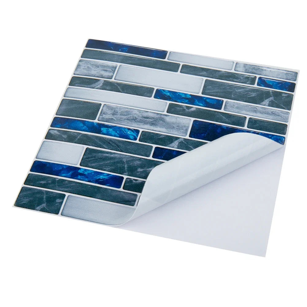 Blue and gray mosaic tile self-adhesive sticker sheet partially peeled back
