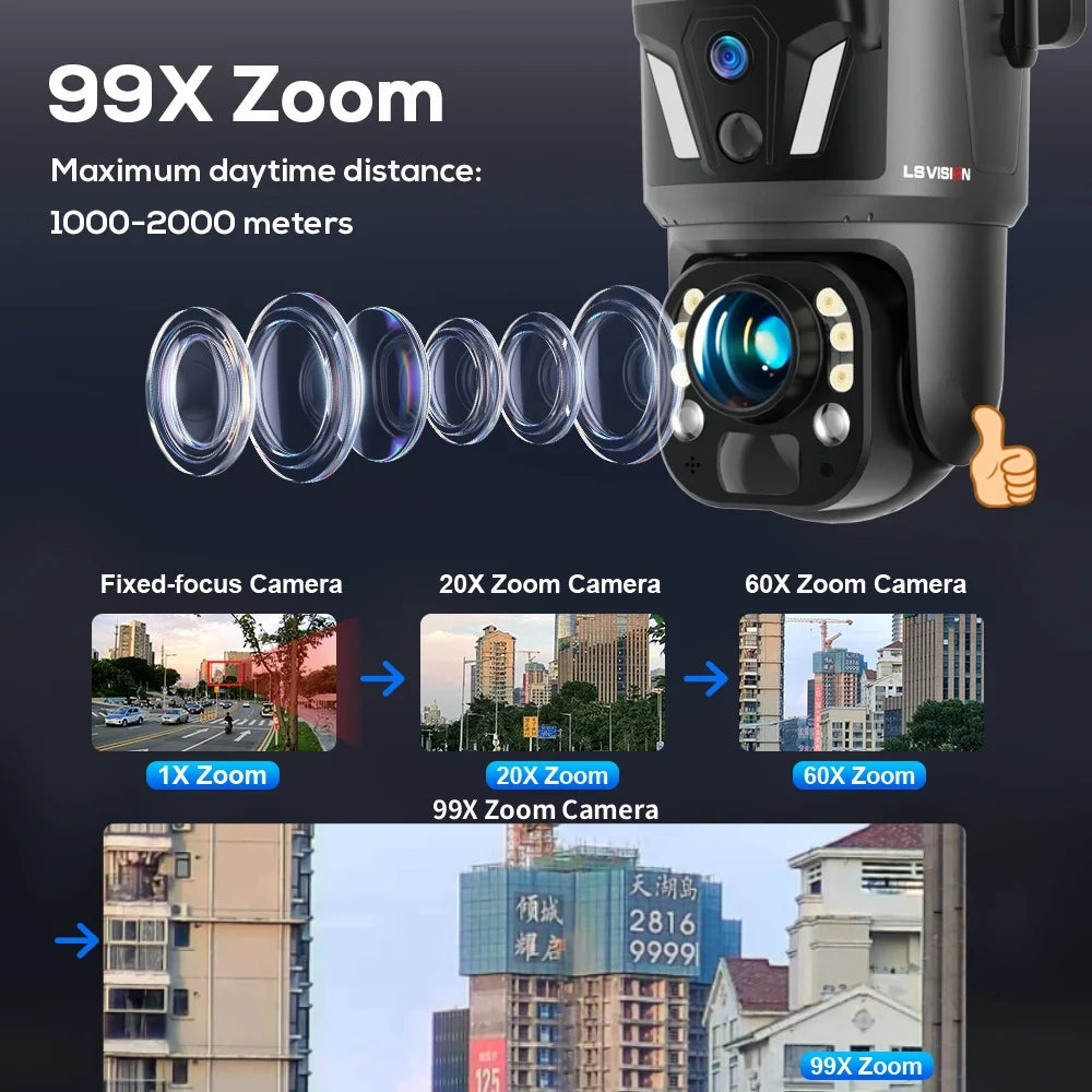 LS VISION 99X Zoom WiFi Solar Camera 4G SIM 8MP Dual Screen PTZ Outdoor Surveillance Camera PIR Ai Detection Auto Zoom Tracking