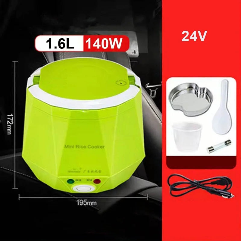 1.6L portable car rice cooker, green 24V lunch box with lid and front control panel