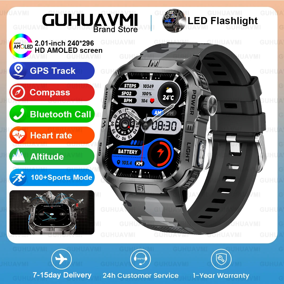 2026New Outdoor Military Men's Smartwatch, Equipped With GPS LED Lighting, Compass, Wireless Communication IP68 Waterproof Watch