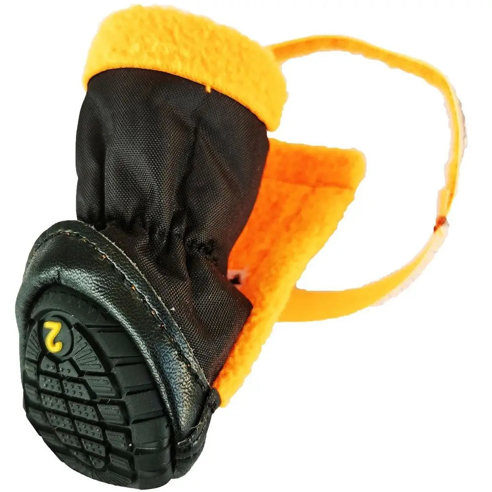4-pack black and orange reflective dog shoes with anti-slip soles for breathable, wear-resistant outdoor paw protection.