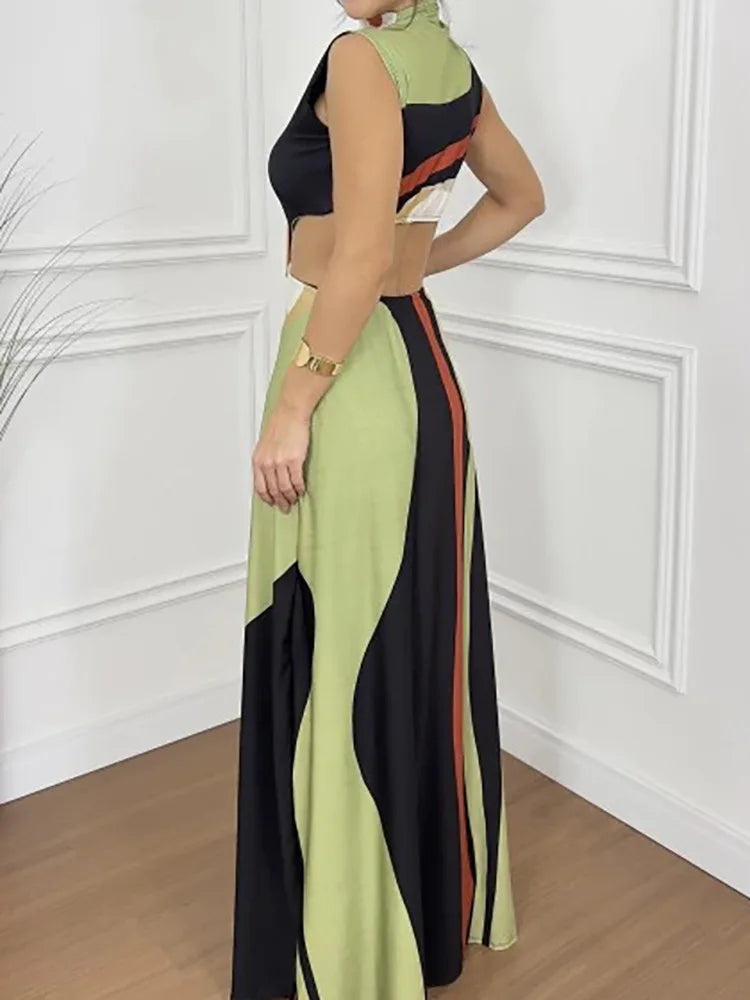 Solid Patchwork Hollow Out Fashion Maxi Dress, Women Summer Sleeveless Simple Party Dress, 2025 New Turtleneck Sexy Ladies Dress