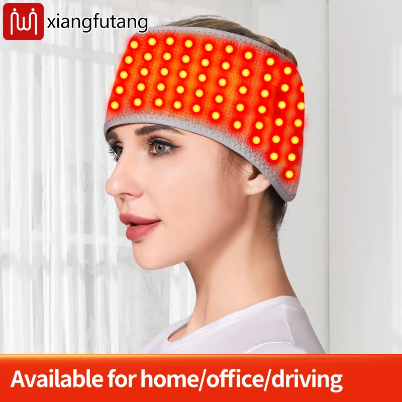 Woman wearing a full-wrap red light therapy headband for migraine relief, stress reduction, and soothing head massage.