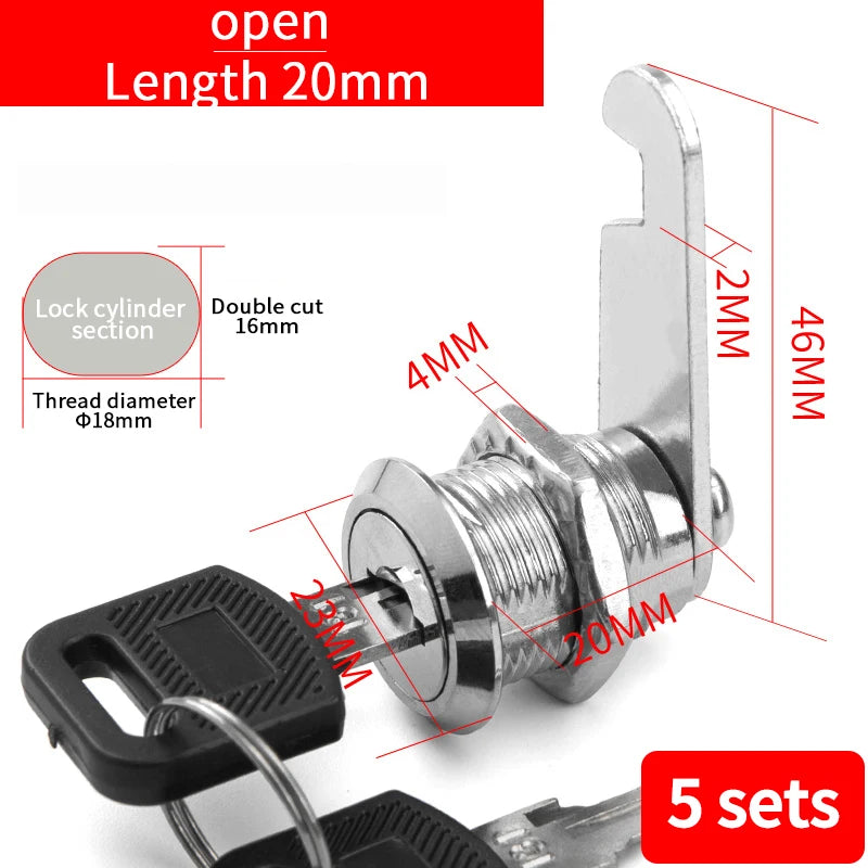 5/20SETS Metal Cylinder Cabinet Security Locker Cam Lock With 2 Keys Same Key Different Key Security Mailbox Lock Drawer 16mm
