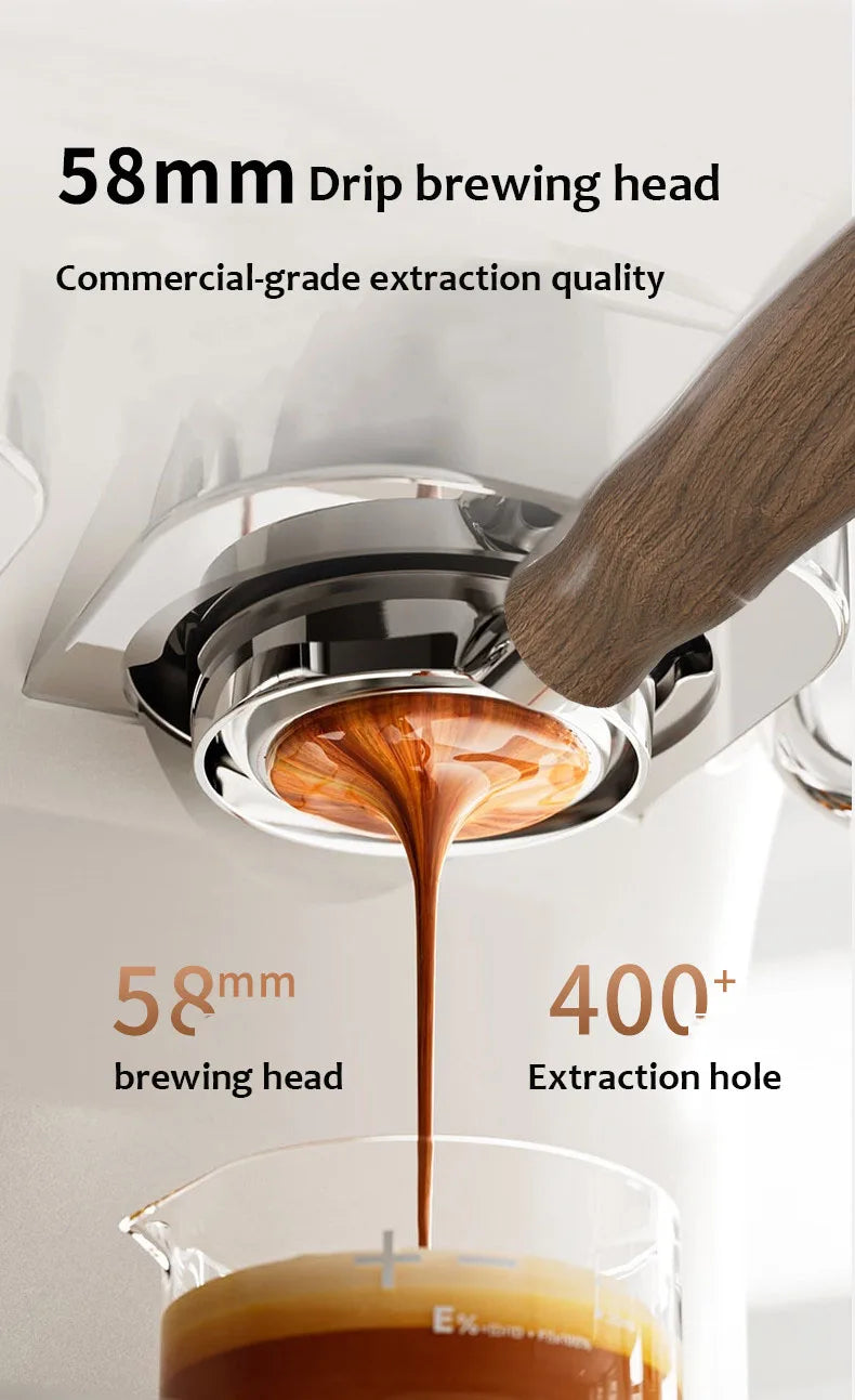 Espresso machine with 58mm stainless steel brewing head, wood-finish portafilter, and 400+ extraction holes.