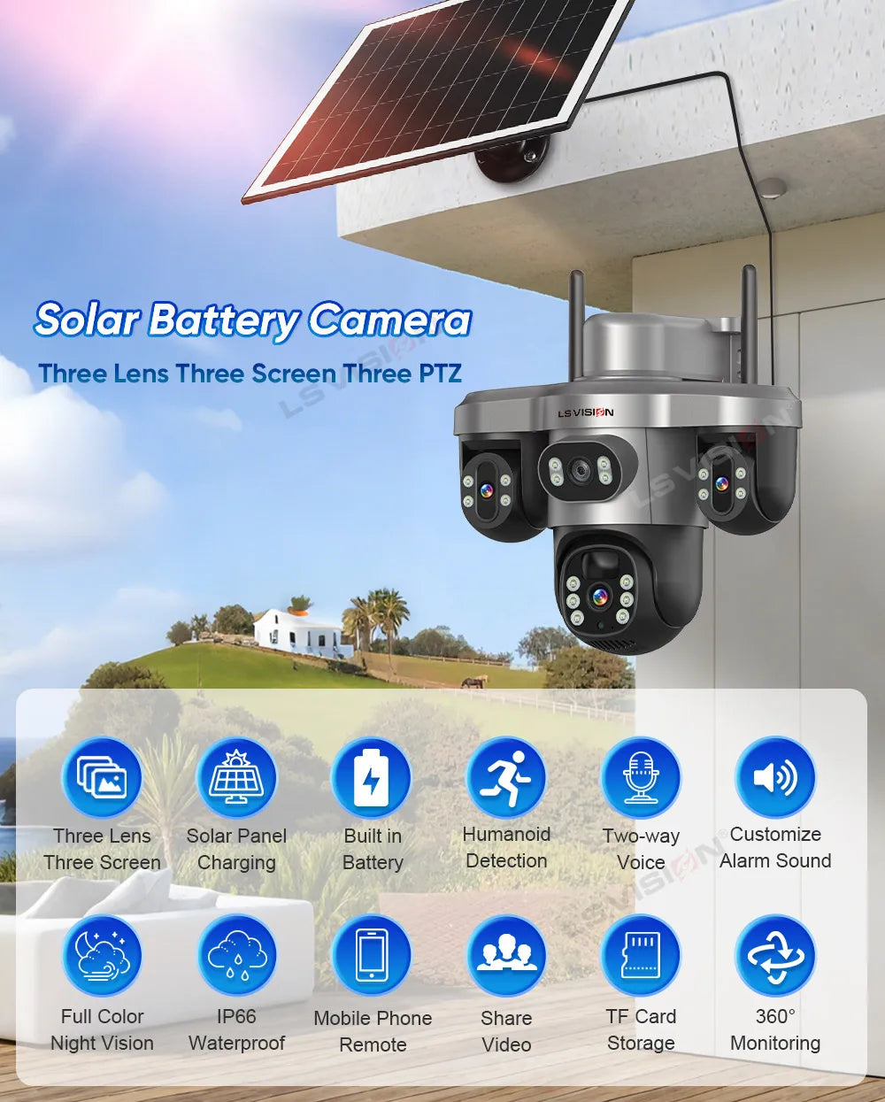 LS VISION 4G / WiFi Solar Camera 3Lenses Outdoor 15MP 4K Low Power Battery IP Camera PIR Night Vision V380 Pro CCTV Security