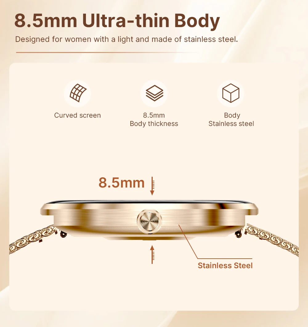 MEVADEN 8.5mm Utra-thin Stainless Steel Smartwatch 1.43 inch AMOLED Screen Women Bluetooth Call Health Monitor Sport Smart Watch