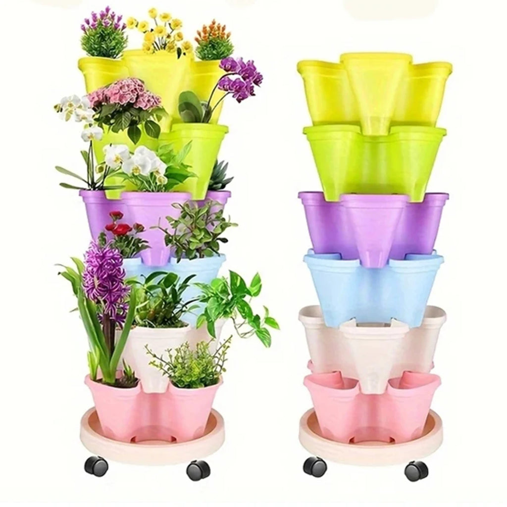 Two stackable vertical planter pots with colorful petals and rolling wheels