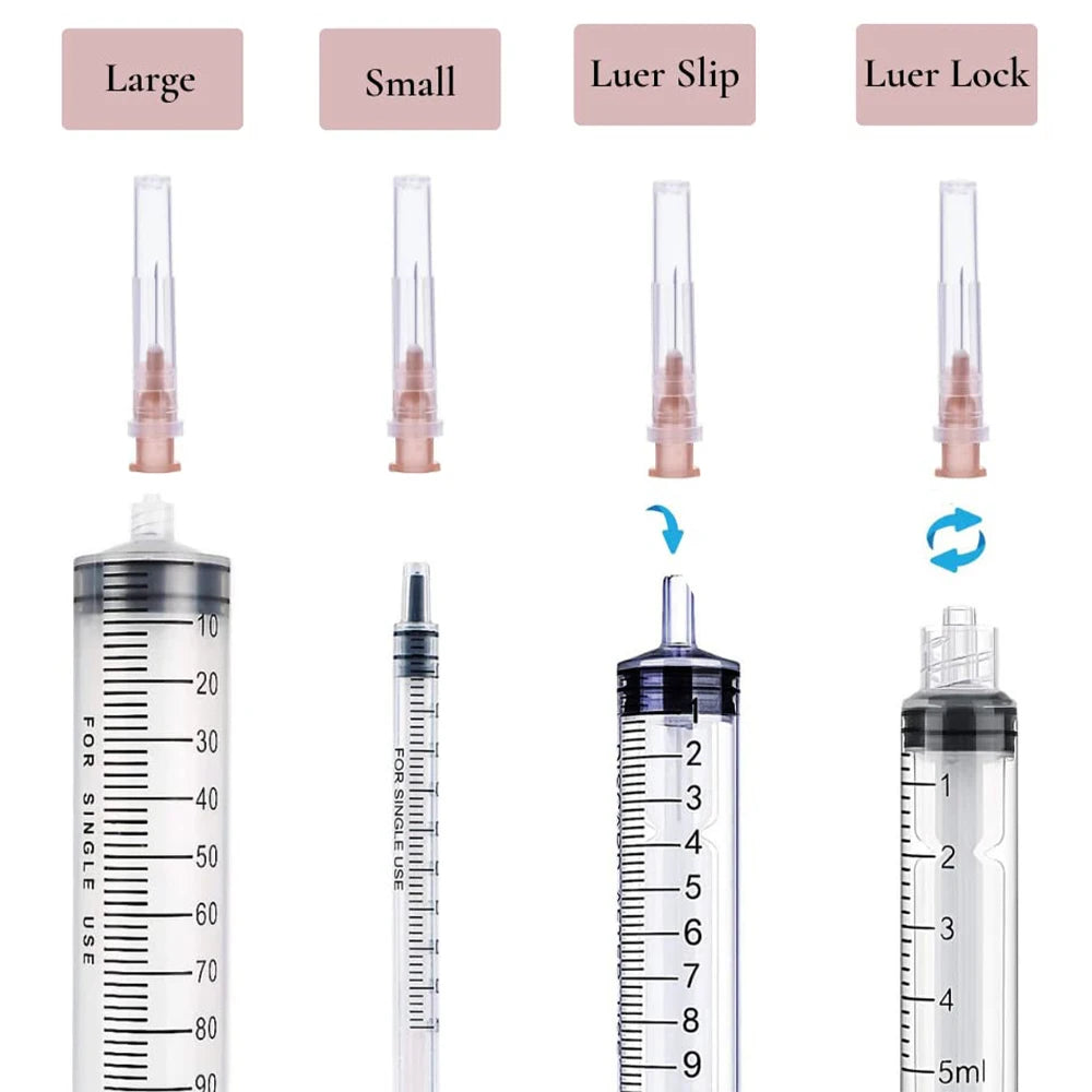 100pcs plastic syringe set for pet feeding, lab use, and industrial tasks. Includes Luer slip and lock tips for precision.