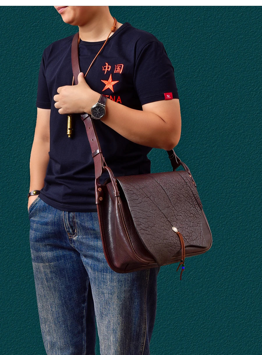 Handmade dark brown genuine cowhide messenger bag, vintage textured leather shoulder bag with classic rivet closure.