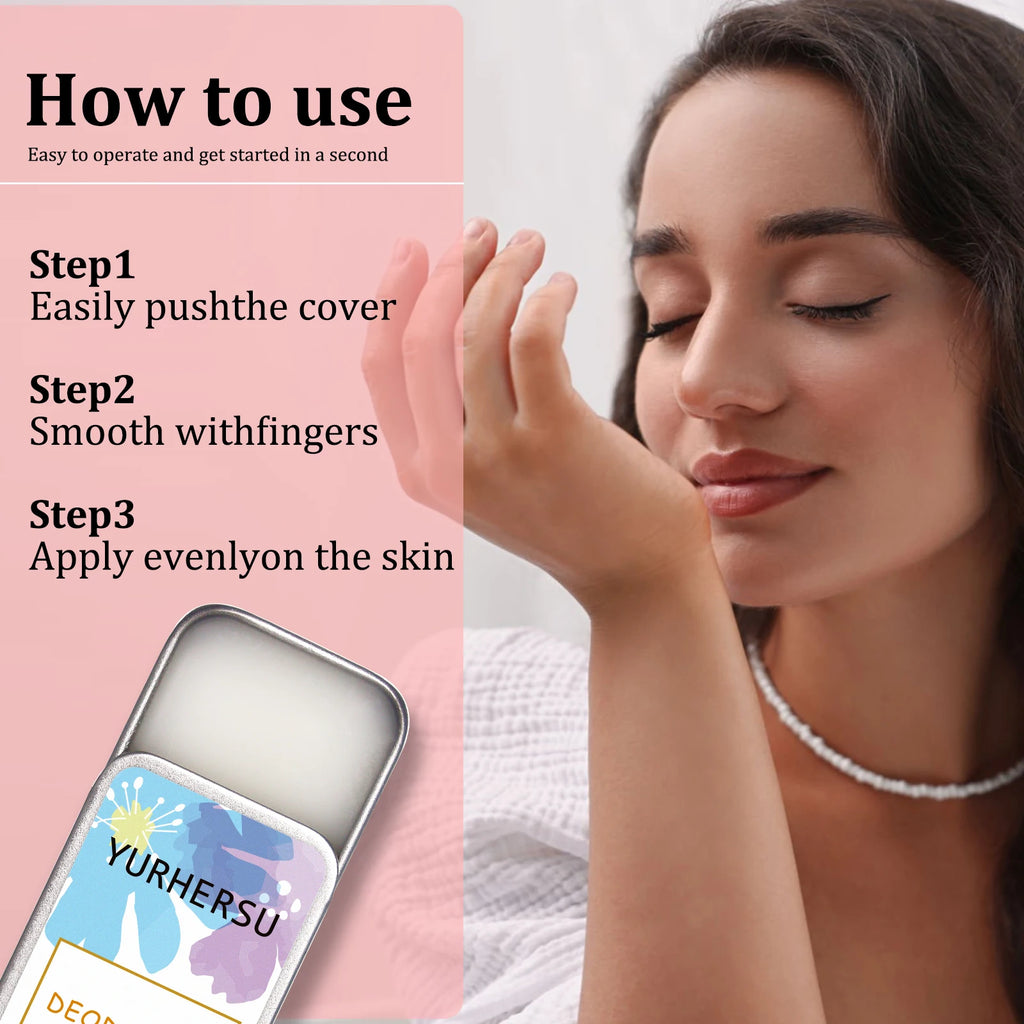 Deodorizing body balm in a sliding metal tin with smooth, creamy texture and floral-patterned label.