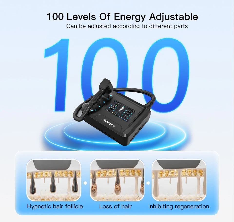 Black 808nm diode laser hair removal machine with 100 energy levels, digital screen, and hair follicle diagram.