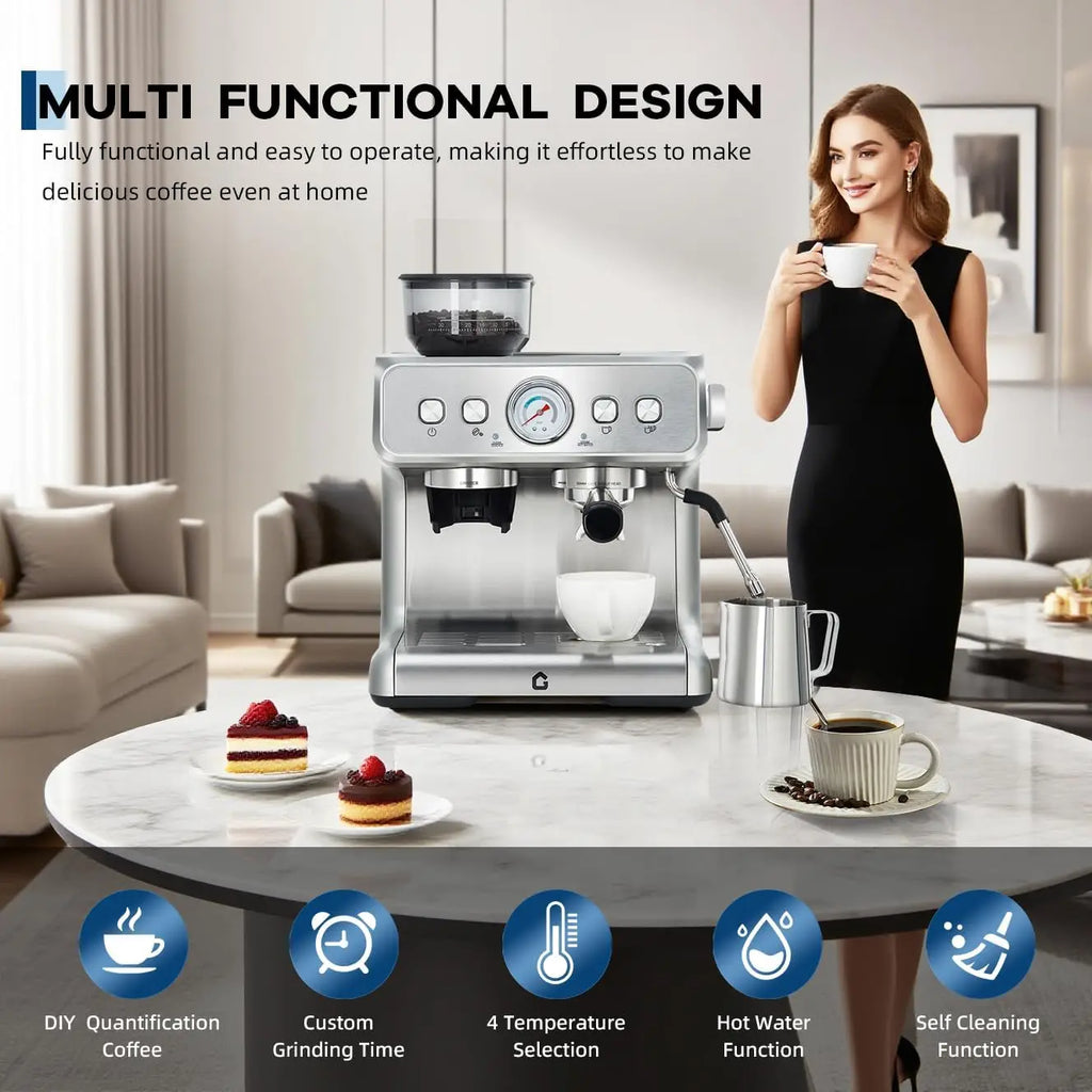 Silver stainless steel espresso coffee machine with integrated grinder, pressure gauge, and milk steaming wand.