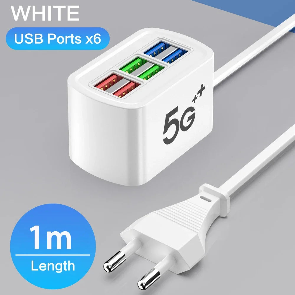 White 6-port USB fast charging station with 1m cable, two-pin plug and six USB ports