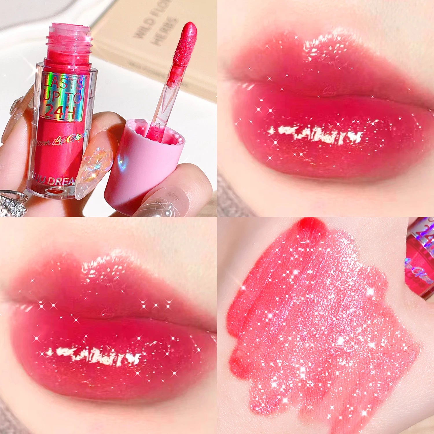 Long-lasting pink glitter lip gloss with a shiny, waterproof liquid lipstick texture applied to lips and skin swatch.