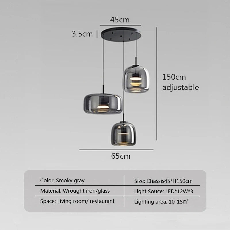 Modern Nordic Glass Ring Light | LED Adjustable Pendant Fixture 3 Head Grey Warm light Tidesmit