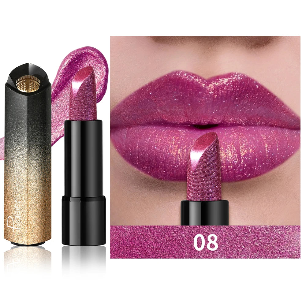 Pearly metallic fuchsia lipstick with glitter shimmer finish and creamy texture applied on lips for high color payoff.