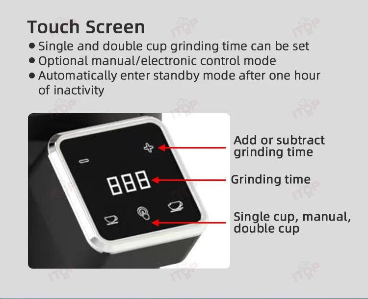 ITOP coffee grinder digital touch screen control panel showing grinding time, manual mode, and single/double cup icons.