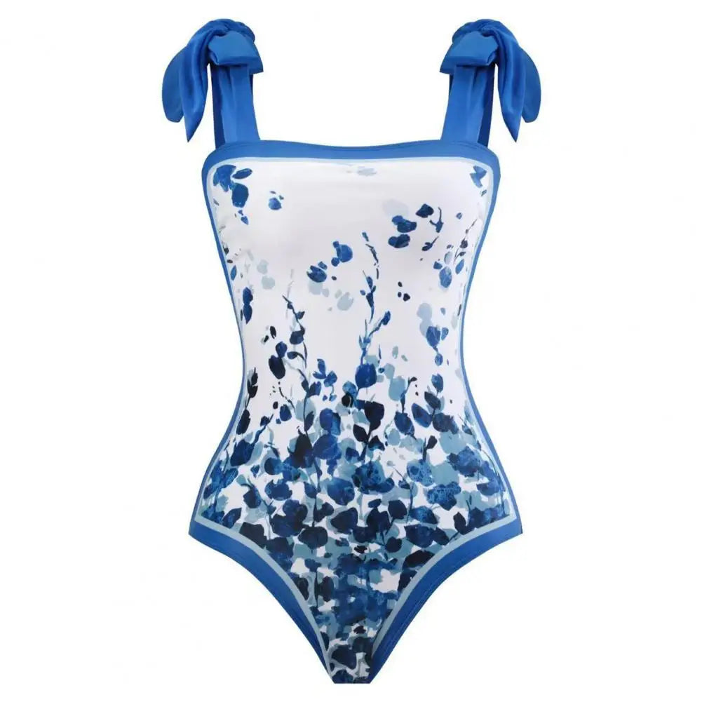 2Pcs/Set Women Monokini Suit Vintage Print One-Piece Square Neck Tie Swimsuit With Skirt Sling Lady Swimsuit With Beach Cover Up