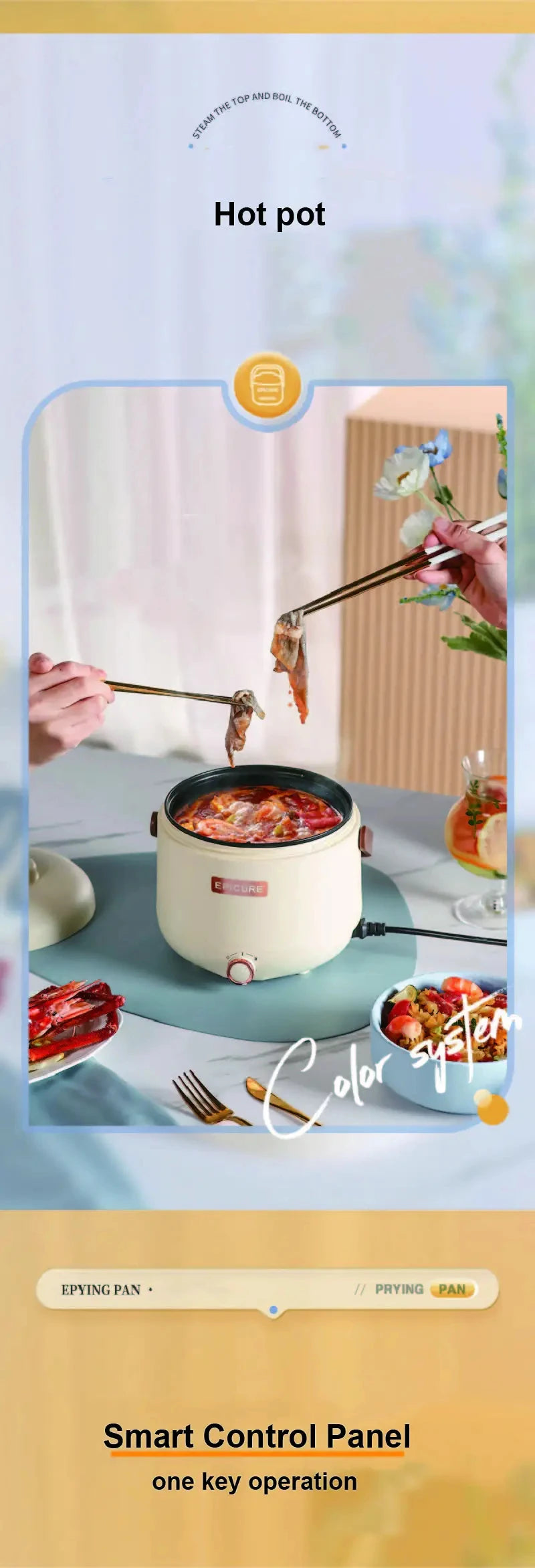 Cream electric rice cooker with hot pot design and smart control panel display