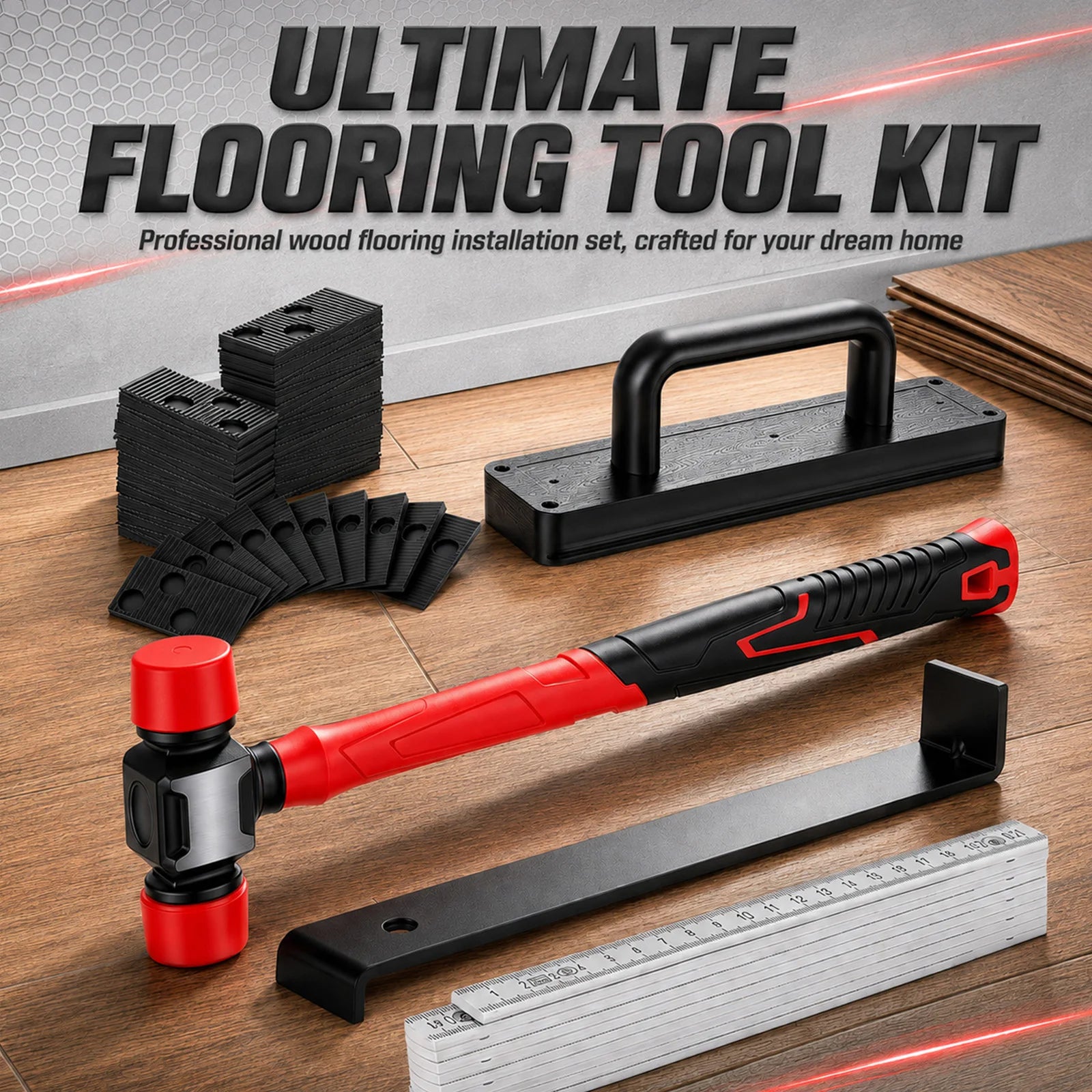 64 Pcs Laminate Flooring Installation Tool Set Professional Floor Fitting Kit Rubber Mallet Pull Bar Spacers Hand Tools for Wood Vinyl Flooring Renovation DIY Construction
