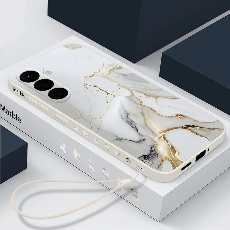 Samsung Galaxy S24 Marble Case with Lanyard - Slim Military Protection Beige with Lanyard Tidesmit