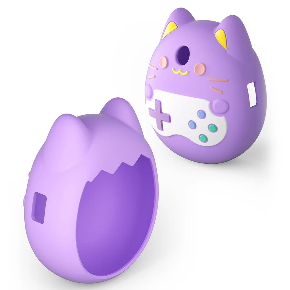 Purple silicone shockproof protective case for Tamagotchi Pix virtual pet, cat-themed design for console safety.