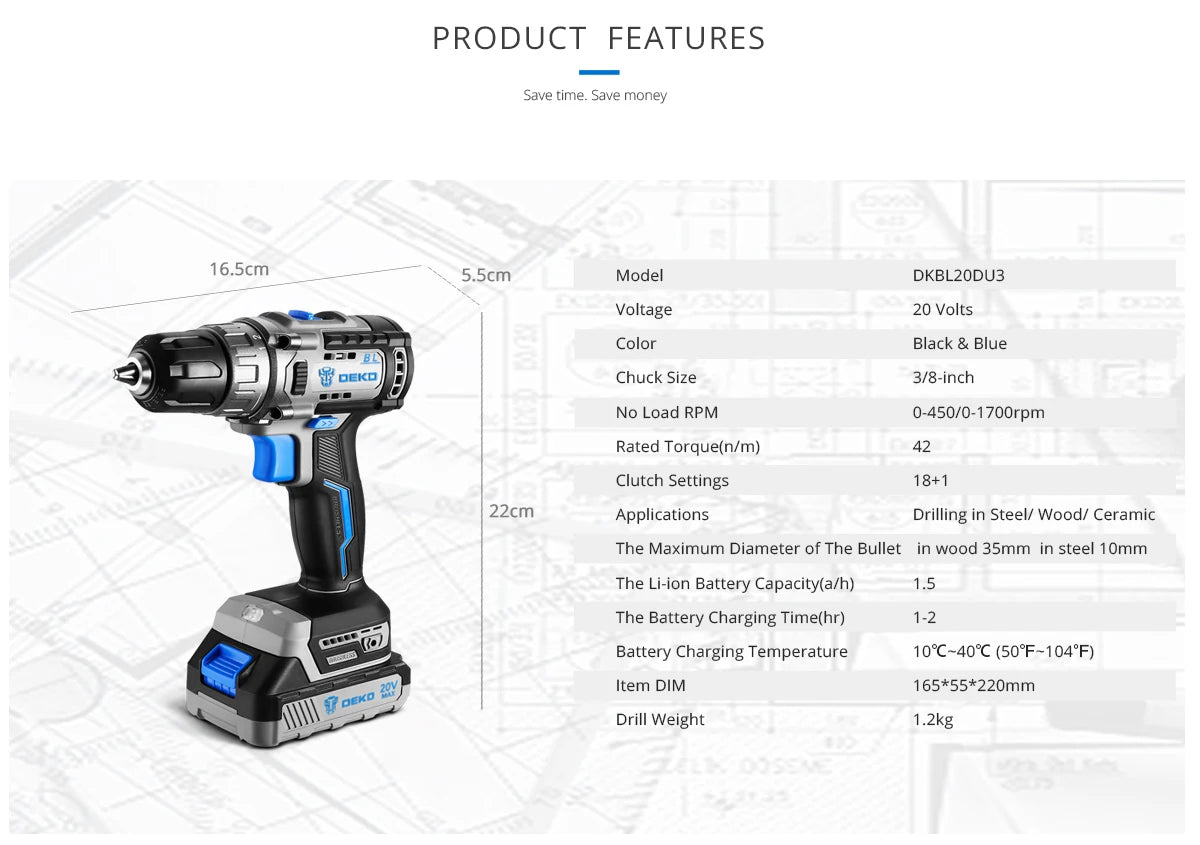 DEKO 20V DKBL20DU3 Brushless Cordless Drill Combo Kit Mini Electric Screwdriver 2 Speed Power Tools for Woodworking