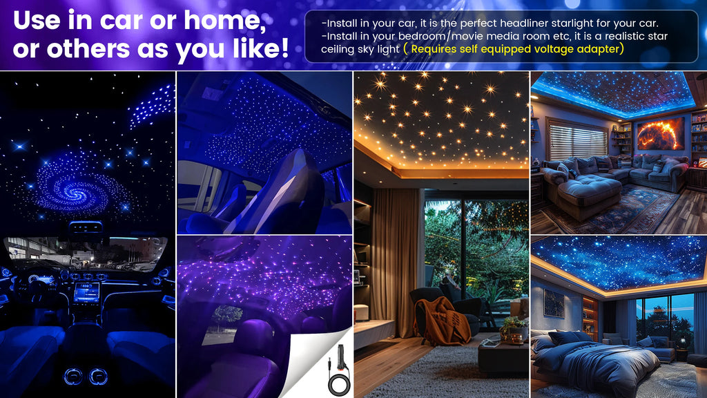 Car Home Use APP Control Fiber Optic Light Kit, 16W RGBW Music Mode Star Ceiling Sky Light with 500/1000 Strands 6.5ft/ 2m Optical Fiber Cable, and More Than 10 Million Colors