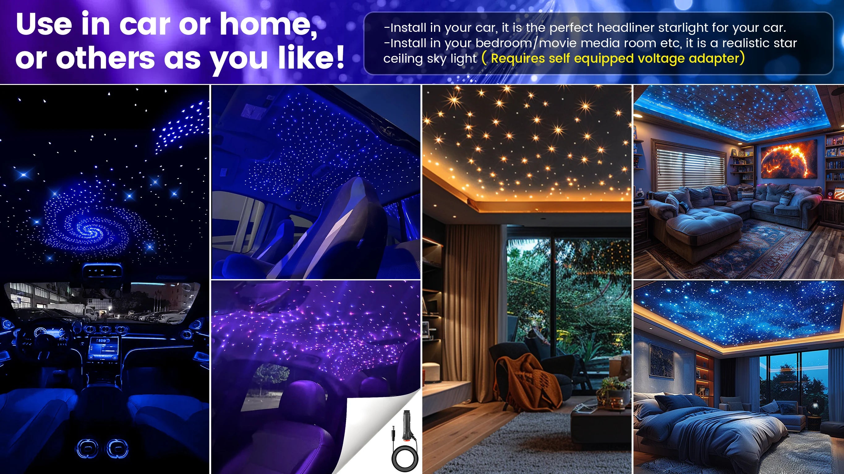 Car Home Use APP Control Fiber Optic Light Kit, 16W RGBW Music Mode Star Ceiling Sky Light with 500/1000 Strands 6.5ft/ 2m Optical Fiber Cable, and More Than 10 Million Colors