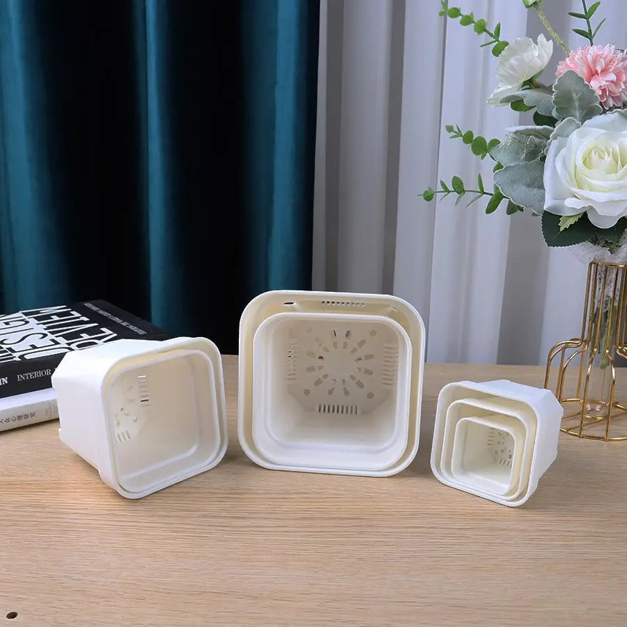 White square succulent planter pots set with vented base drainage holes