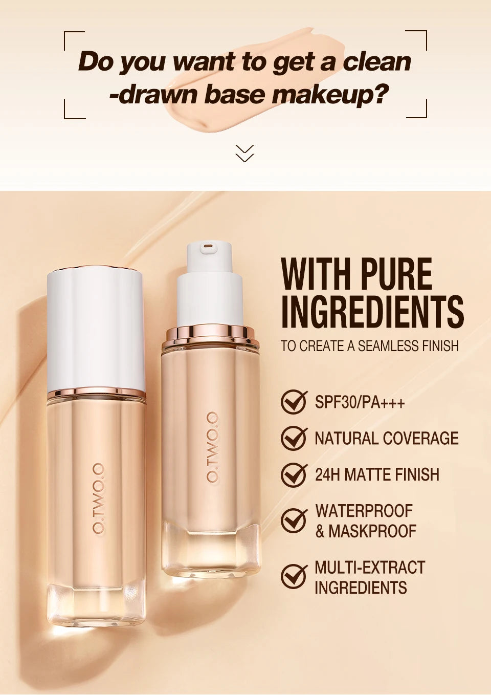 Tidesmit O.TWO.O high coverage liquid foundation 30ml with SPF30 waterproof formula texture close-up