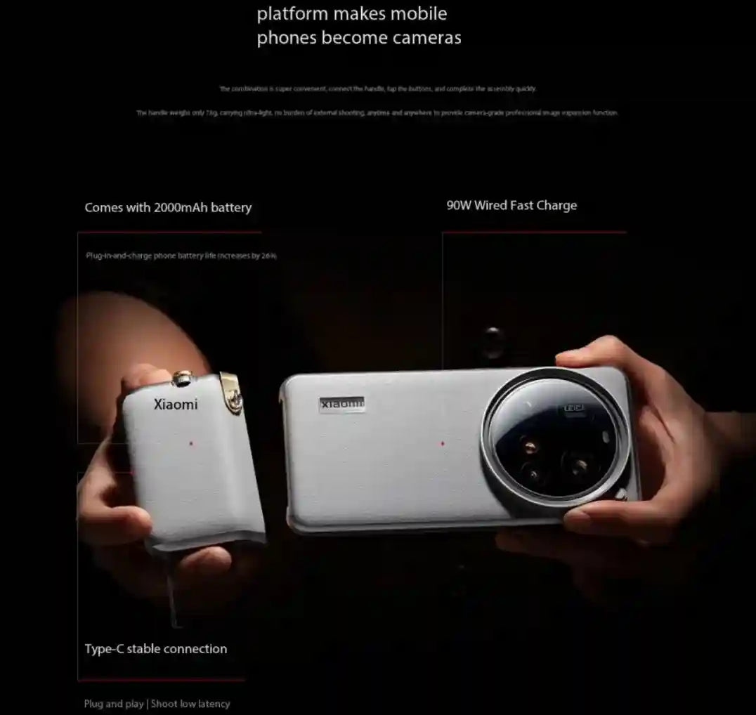Silver camera grip attachment for smartphones with a 2000mAh battery, gold hardware, and Type-C connectivity.