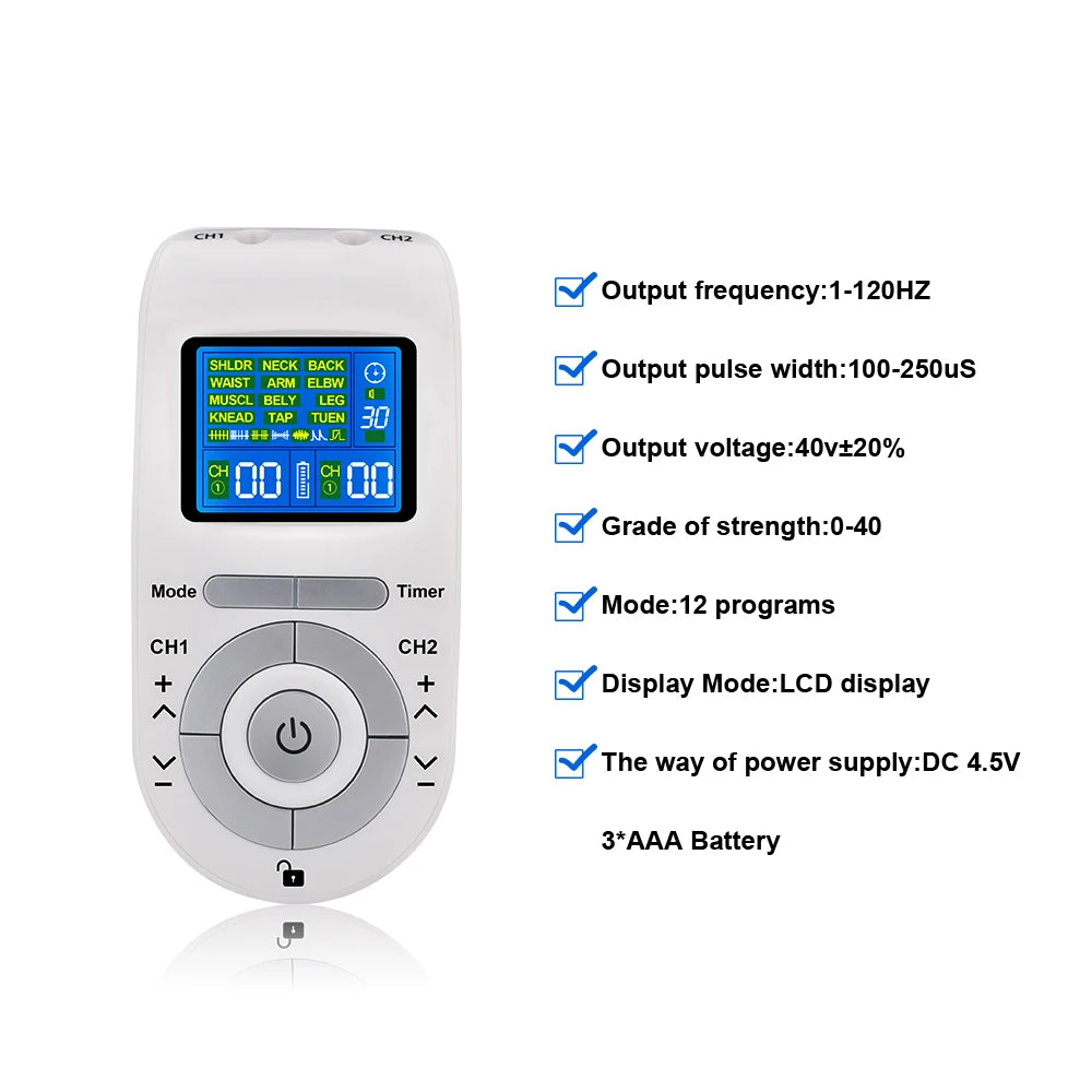 Electric TENS Muscle Stimulator - 4-Mode Portable Massager White Back Massage Instrument Tidesmit