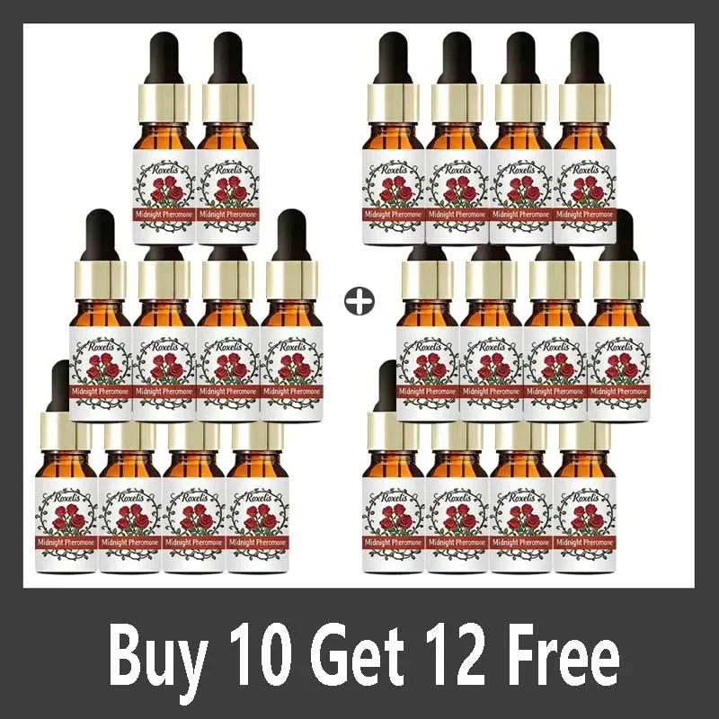 Twelve small amber glass dropper bottles of Midnight Pheromone oil with rose-patterned labels.