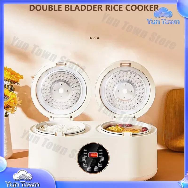 White double rice cooker with two circular steaming inserts visible and food bowls