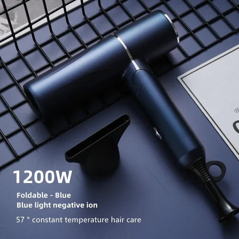 Blue foldable 1200W hair dryer with concentrator nozzle, blue light, and negative ion tech for fast, safe hair drying.