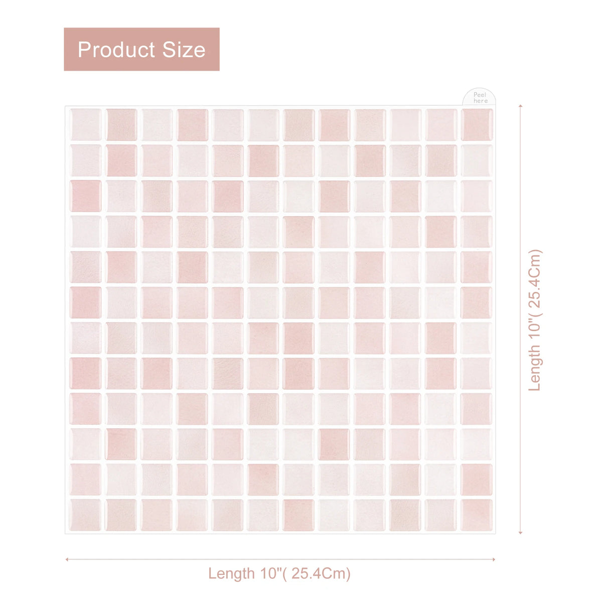 Product size diagram for 3D mosaic brick wall stickers: 10 in x 10 in grid