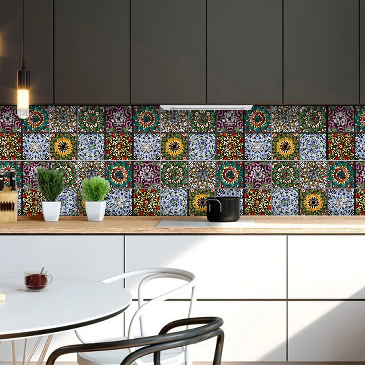 10 pcs/pack, Floral Mandala PVC Self-Adhesive Tile Stickers - Waterproof, Oil-Proof, Easy to Clean for Home Decoration